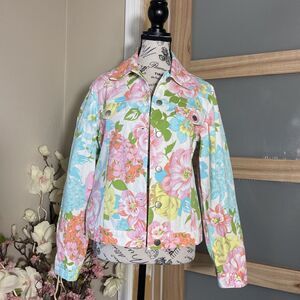 Catherine Stewart Womens Denim Jean Floral Print Jacket Sz M Multicolor